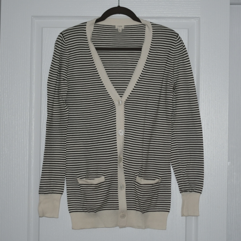 J. Crew cream and olive green striped long sweater